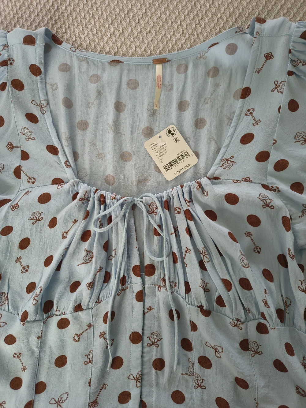 Free People Light Blue Polka Dot Tie-Front Puff Sleeve Top